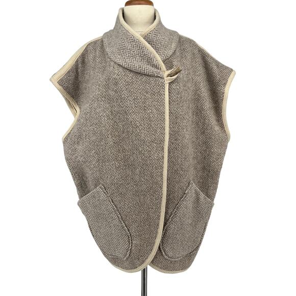 Vtg Natural Knitwear Wool Blanket Vest Coat Tan Tweed Reversible Herringbone MCM - Picture 2 of 12